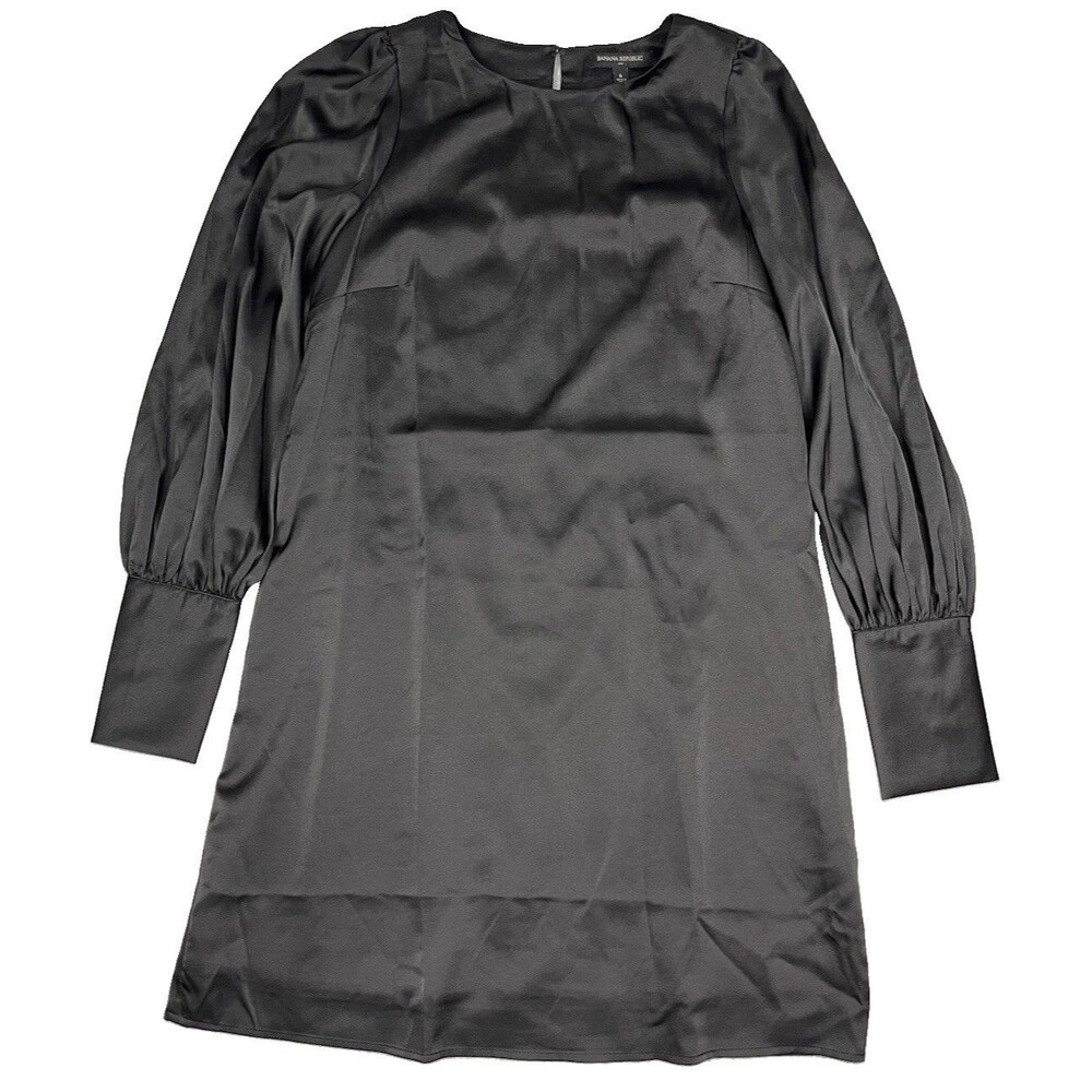 Banana Republic Black Satin Shift Dress Women Sz 6 Long Sleeve Round Neck Career